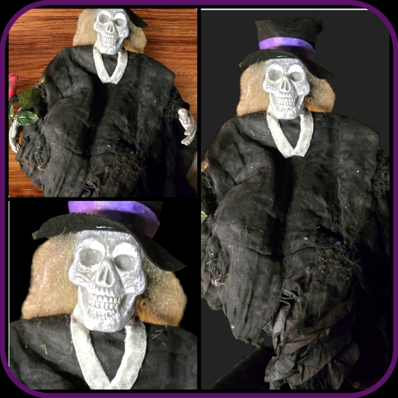 Skull head dressed in black with a hood , skeleton hands. Give that Eerie, Scary - Picture 1 of 6